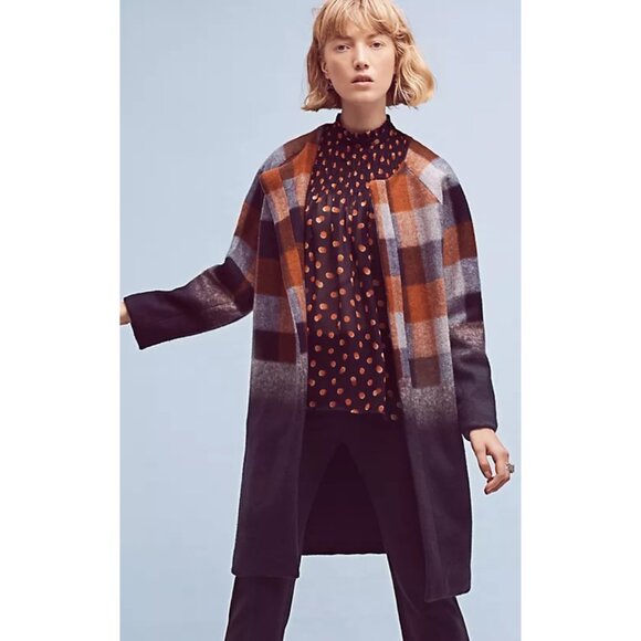 Anthropologie Eva Franco Ombre Navy Plaid Wool Blend Jacket Coat NWT